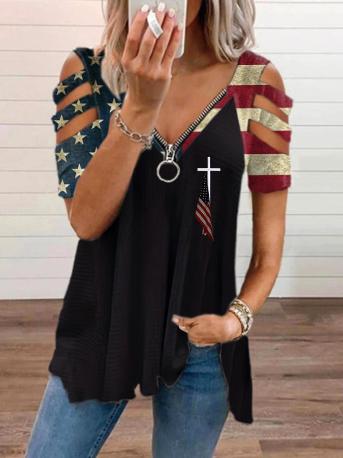 🔥Last Day 49% Off🔥Women'S Flag Cross Print V-Neck Top