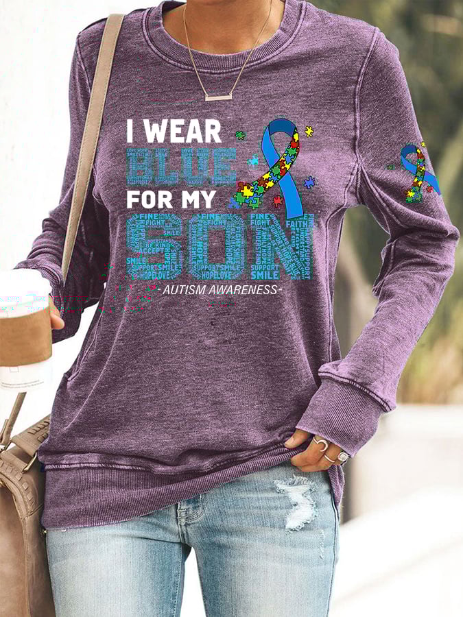 Women's Retro I Wear Blue For My Son Autism Awareness Printed Casual Sweatshirt