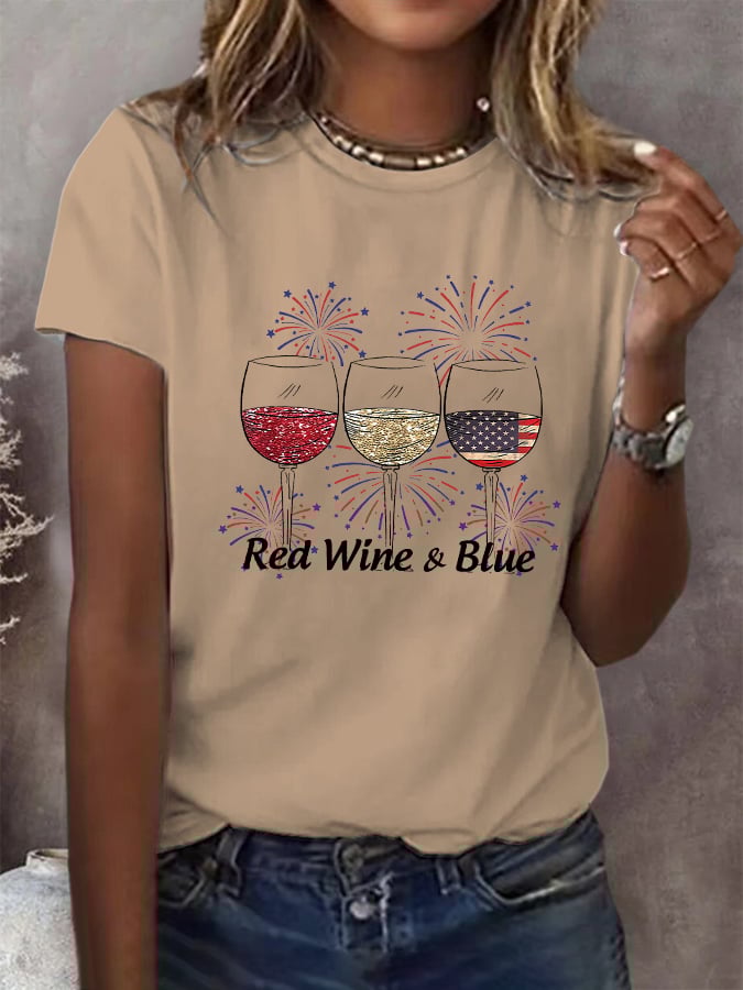 🔥Last Day 49% Off🔥Women's Red Wine And Blue Print Casual T-Shirt