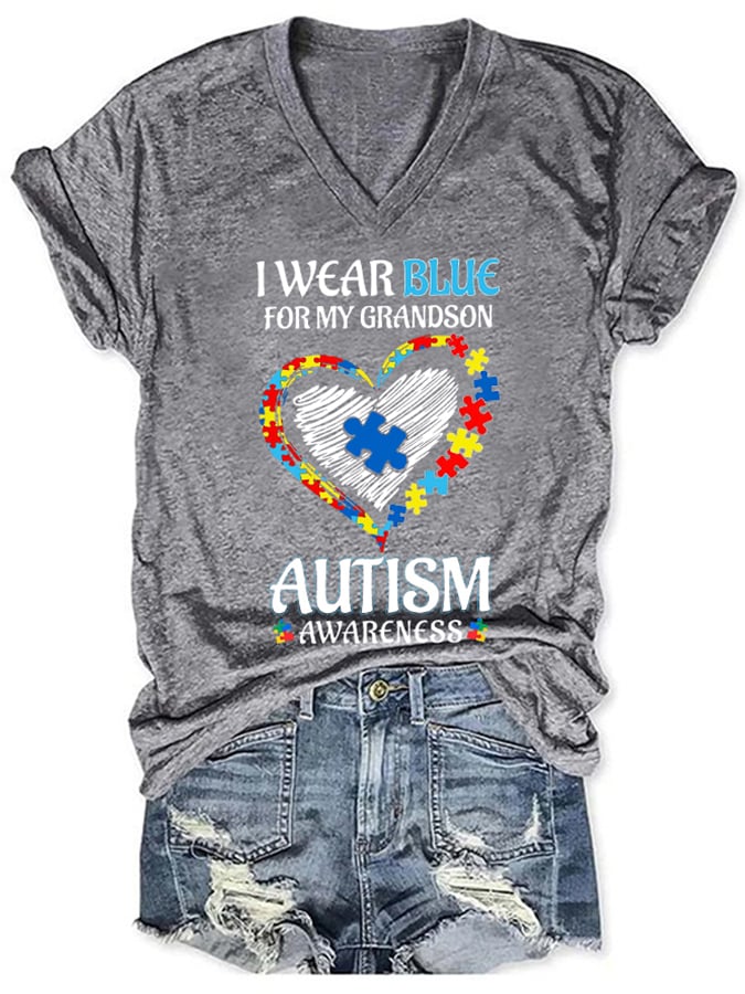 Women's I Wear Blue For Autism Awareness Print V-Neck T-Shirt
