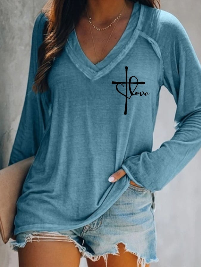 Women's Love Like Jesus Jesus Has My Back Casual V-Neck Long-Sleeve T-Shirt