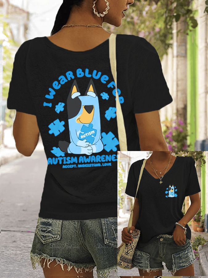 Women's Retro Autism Awareness I Wear Blue For Autism Print V-Neck T-Shirt