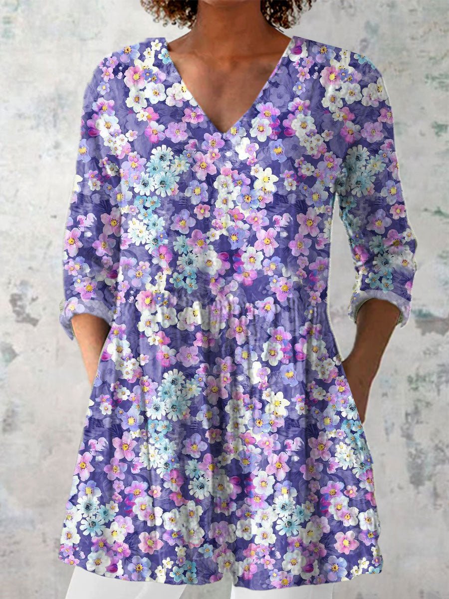 Women's Casual Art Purple Floral Cotton And Linen Shirt