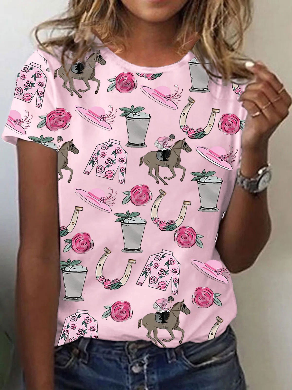 Women's Derby Horse painting print crew neck T-shirt