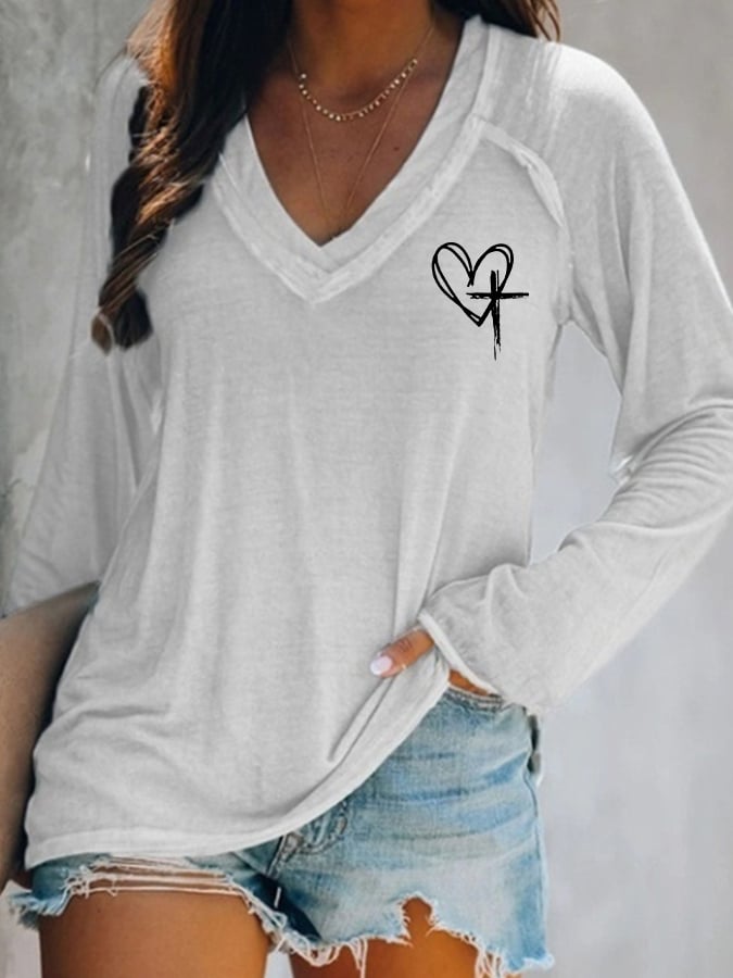 Women's Love Like Jesus Jesus Has My Back Casual V-Neck Long-Sleeve T-Shirt