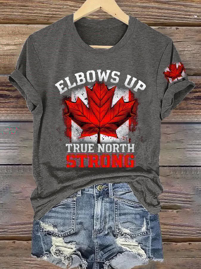 Women's Retro Elbows Up True North Strong Print T-Shirt