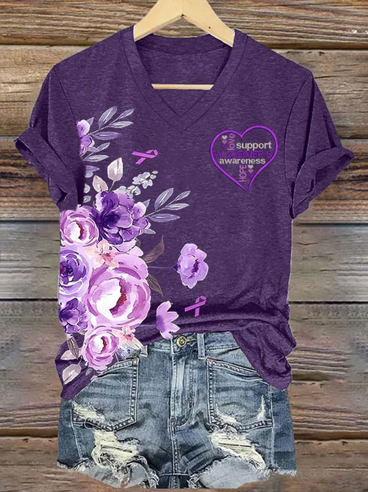 Women'S Alzheimer's Disease Awareness Floral  Printed Casual T-Shirt