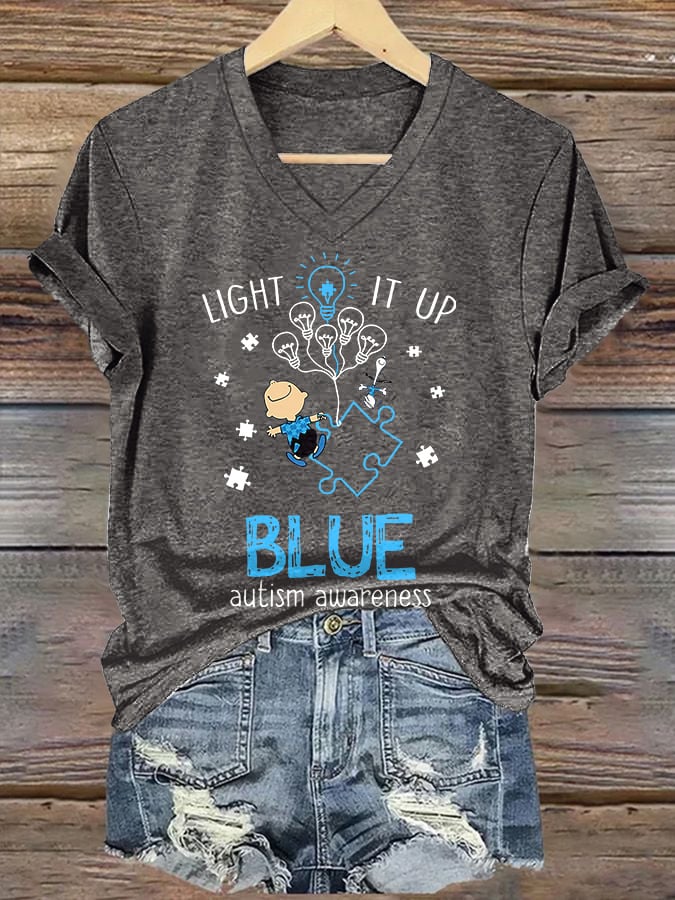 V-neck Retro Autism Awareness Light It Up Blue Print T-Shirt