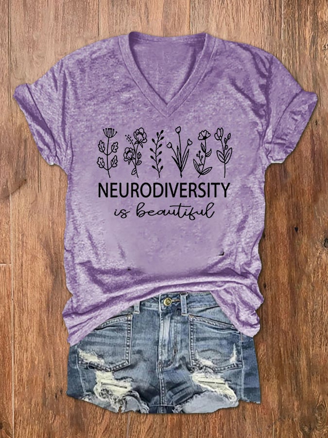 Women's Neurodiversity Autism Awareness Print V-Neck T-Shirt