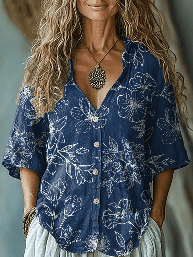 Women's Vintage Floral Print Lapel Mid Sleeve Casual Shirt