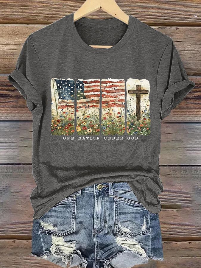 Women'S Casual One Nation Under God Faith Graphic Print Short Sleeve T-Shirt
