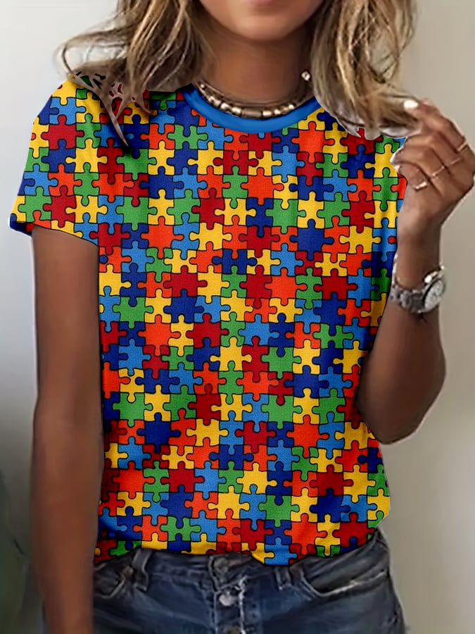 Women's Autism Geometric Color Puzzle Print Round Neck T-Shirt