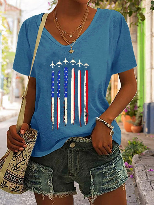 Women's American Flag Independence Day Print V-Neck T-Shirt