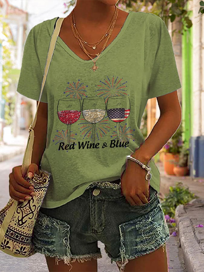 🔥Last Day 49% Off🔥Women's Red Wine and Blue Print T-shirt