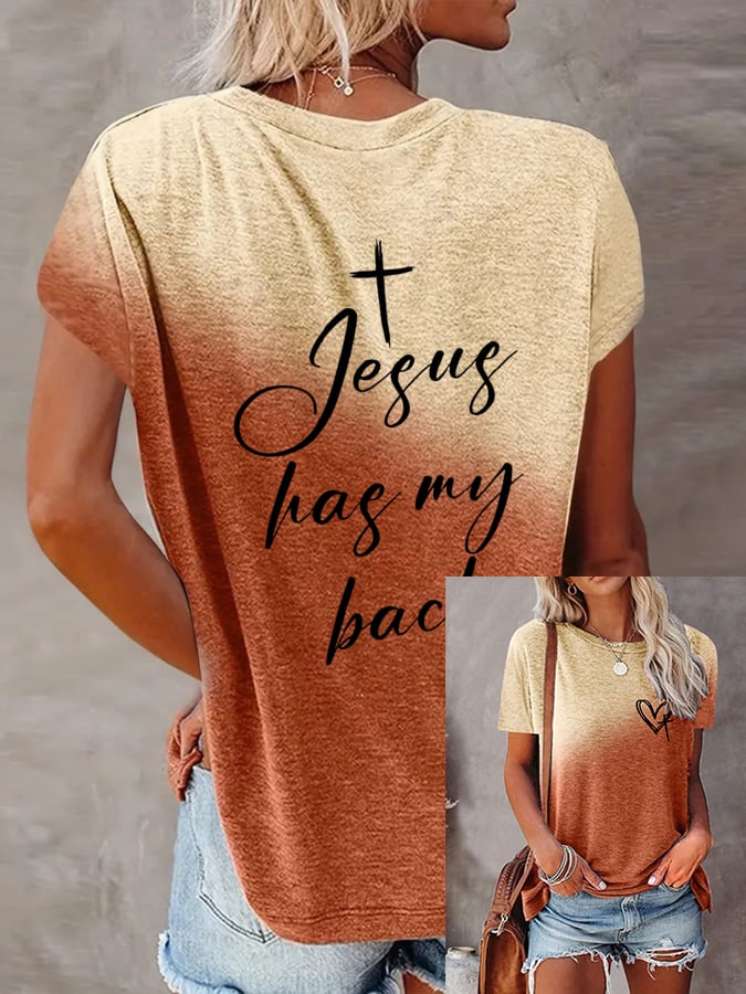 Women's Jesus Has My Back Print Casual T-Shirt