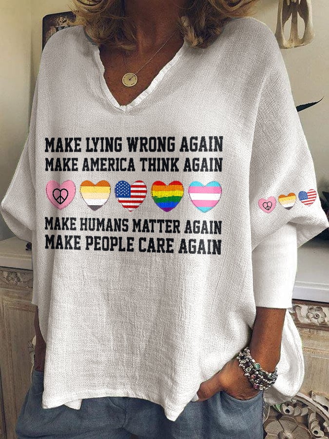 V-neck Retro Make Lying Wrong Again Make America Think Again Make Humans Matter Again Make People Care Again Print T-shirt