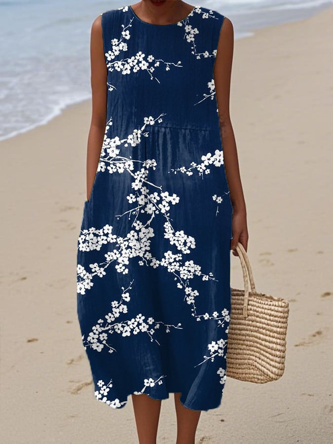 Women's Casual Retro Blue Plum Blossom Dress