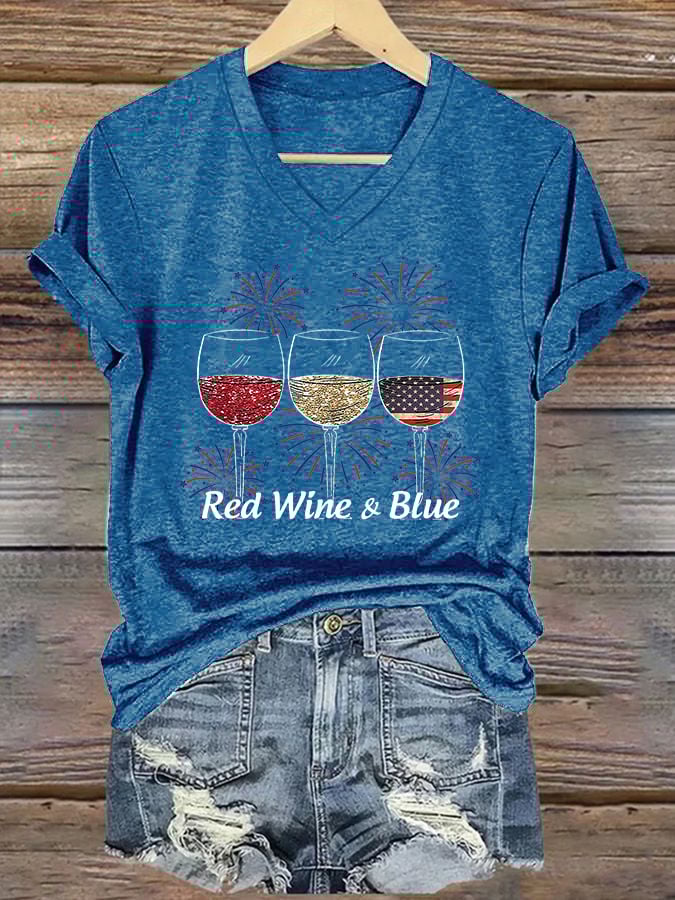Women's Red Wine and Blue Printed T-Shirt