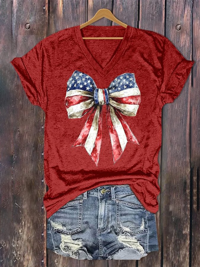 Women'S Independence Day Flag Printed V-Neck T-Shirt