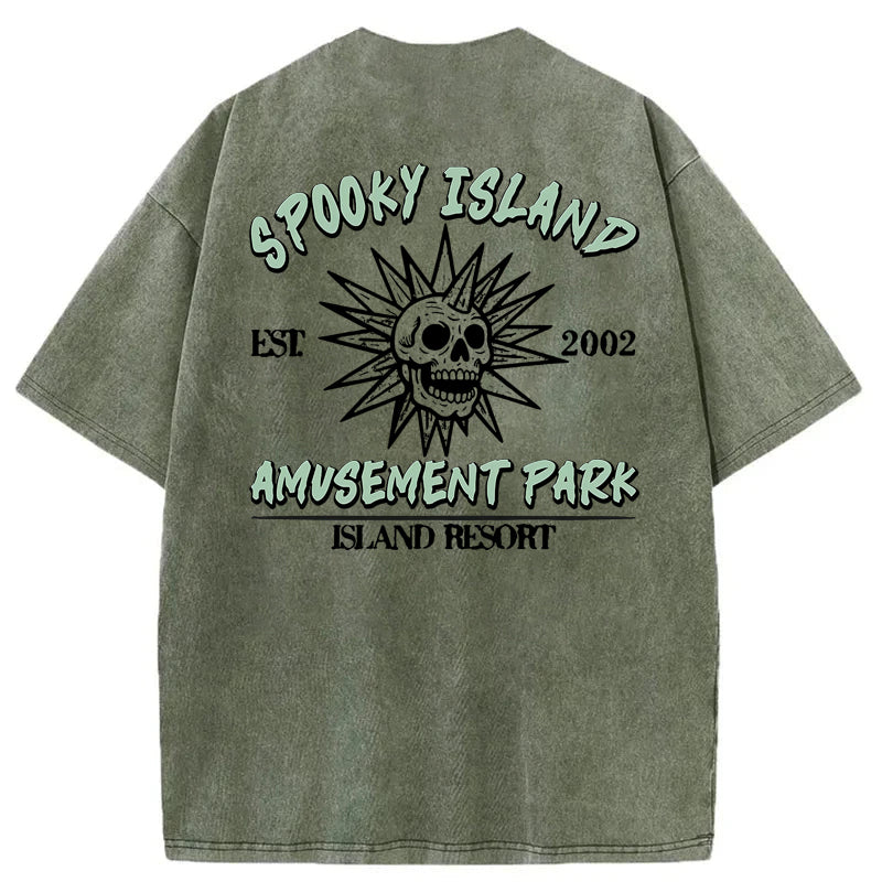 Spooky Island Cartoon Halloween Washed Cotton T-Shirt