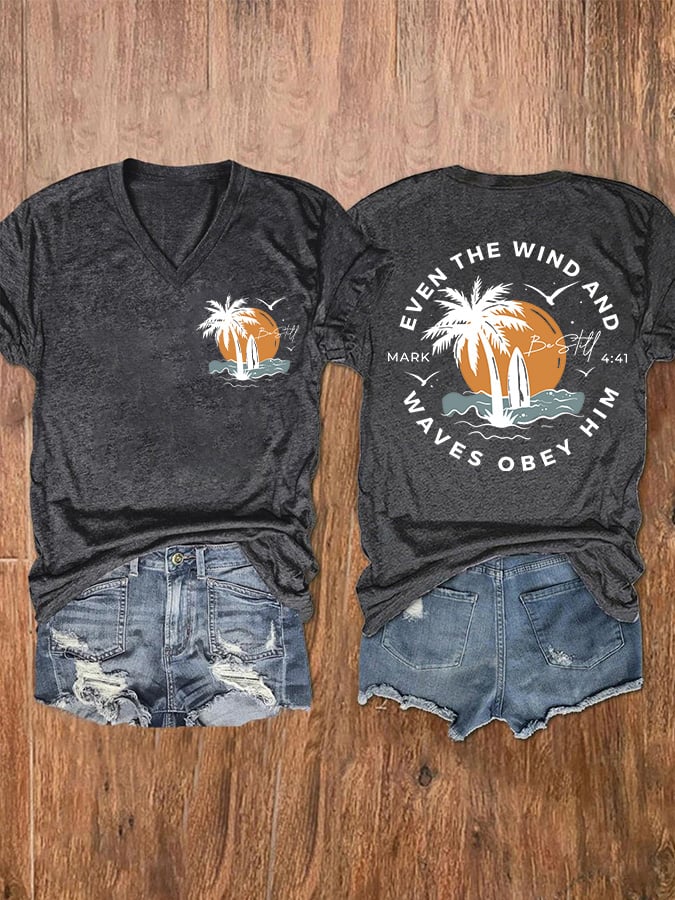 Women's Casual Western Christian Faith Bible Verse Double-Sided Printed V-Neck Short Sleeve T-Shirt