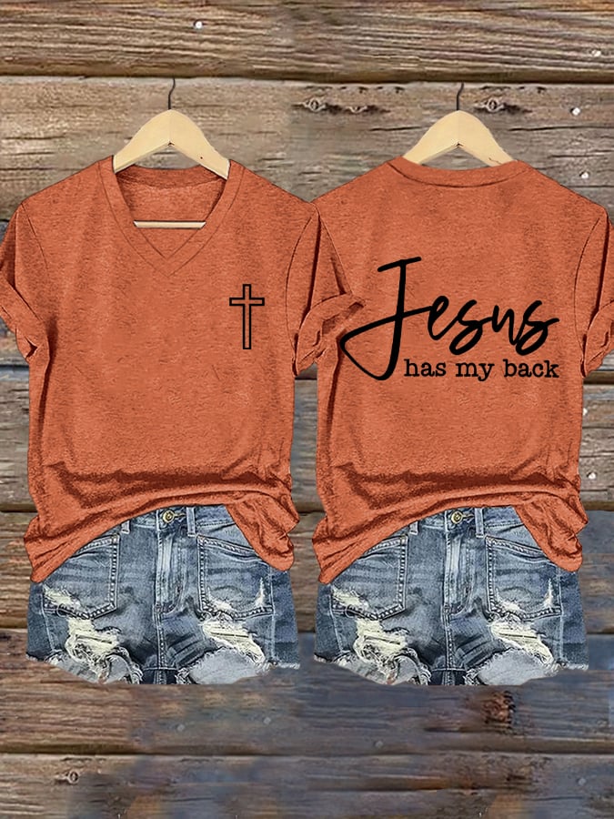 Women's Jesus Has My Back Printed Casual V-Neck T-Shirt