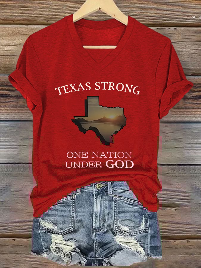 V-Neck Retro Texas Strong One Nation Under God Print T-Shirt