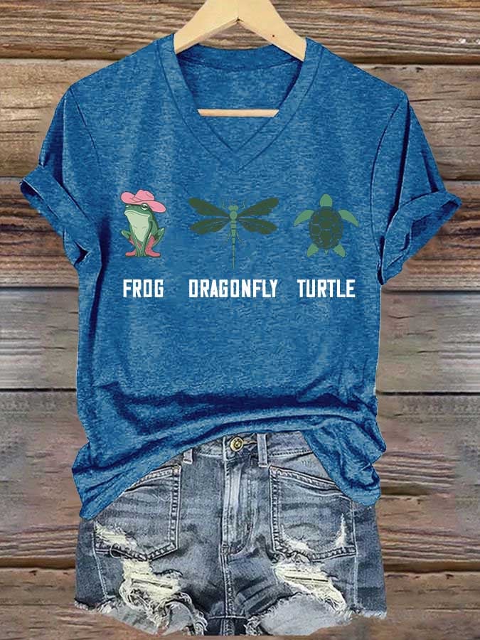 Women's Frog Dragonfly Turtle Printed V Neck T-shirt