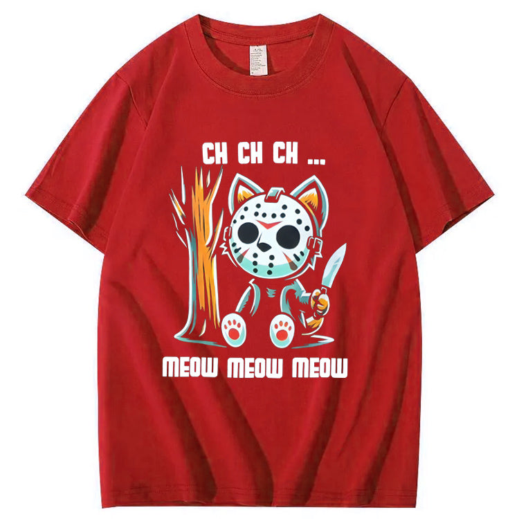 Halloween Funny Cat Lovers Ch Ch Ch Pattern 100% Cotton T-Shirt