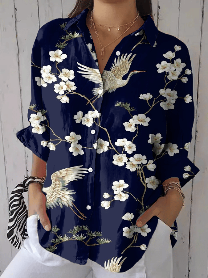 Women's Vintage Floral Print Casual Lapel Shirt