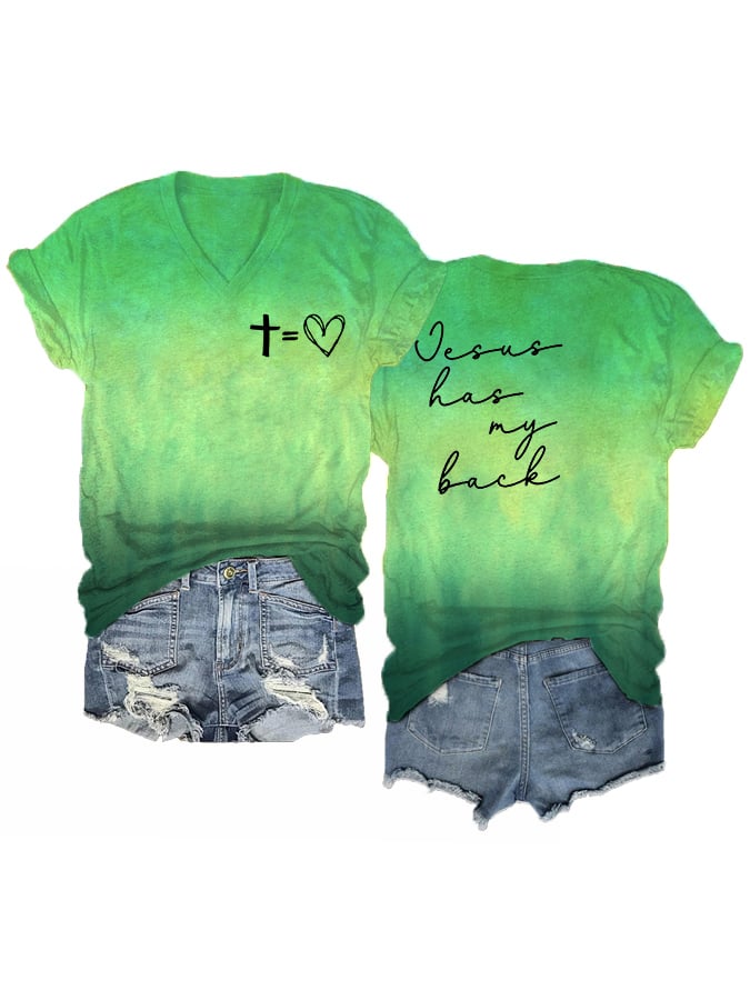 Women's Jesus Has My Back Love Cross  Print V-Neck T-Shirt