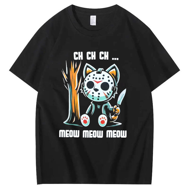 Halloween Funny Cat Lovers Ch Ch Ch Pattern 100% Cotton T-Shirt