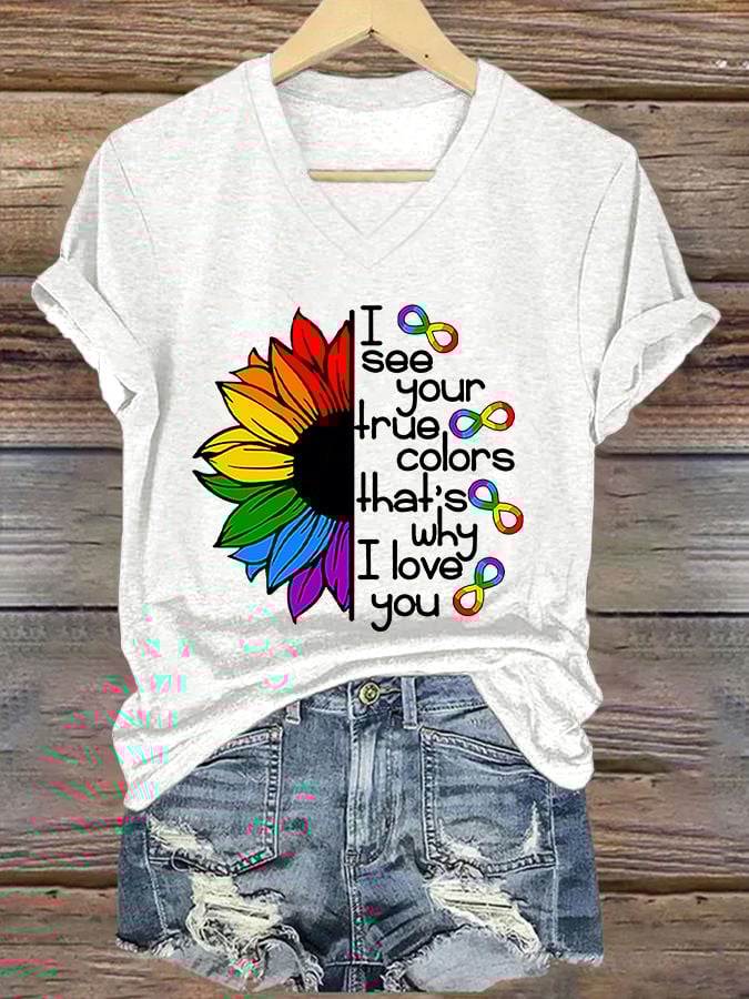 V-neck Retro Autism Awareness Infinity Symbol I See Your True Colors That's Why I Love You Print T-Shirt