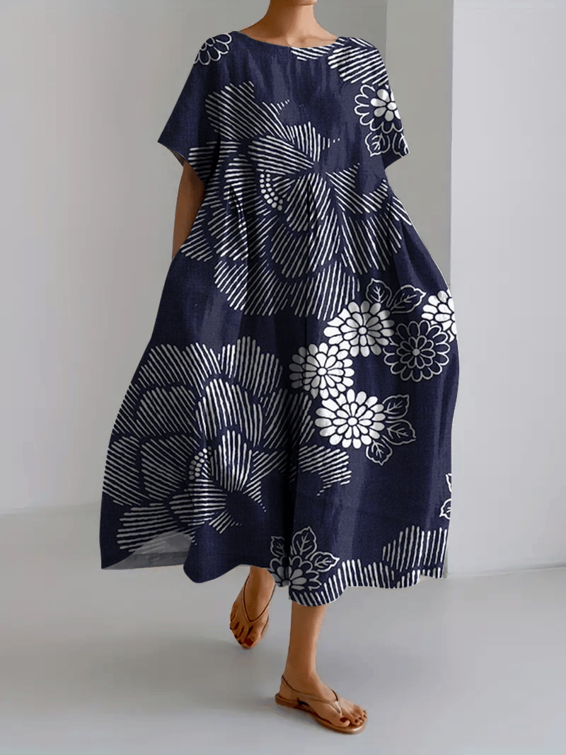 Women's Vintage Floral Print Casual Loose Dress (With Pockets)