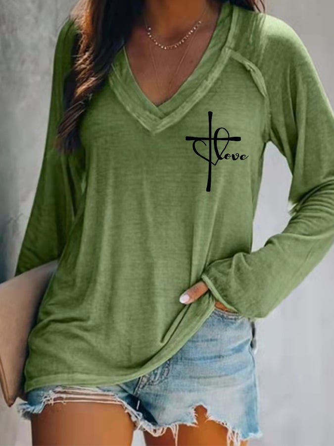 Women's Love Like Jesus Jesus Has My Back Casual V-Neck Long-Sleeve T-Shirt