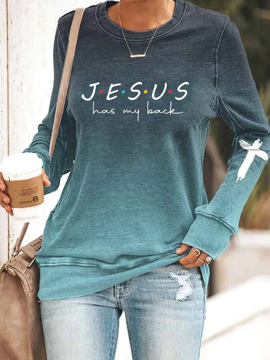 Women's Jesus Has My Back Print Casual Sweatshirt