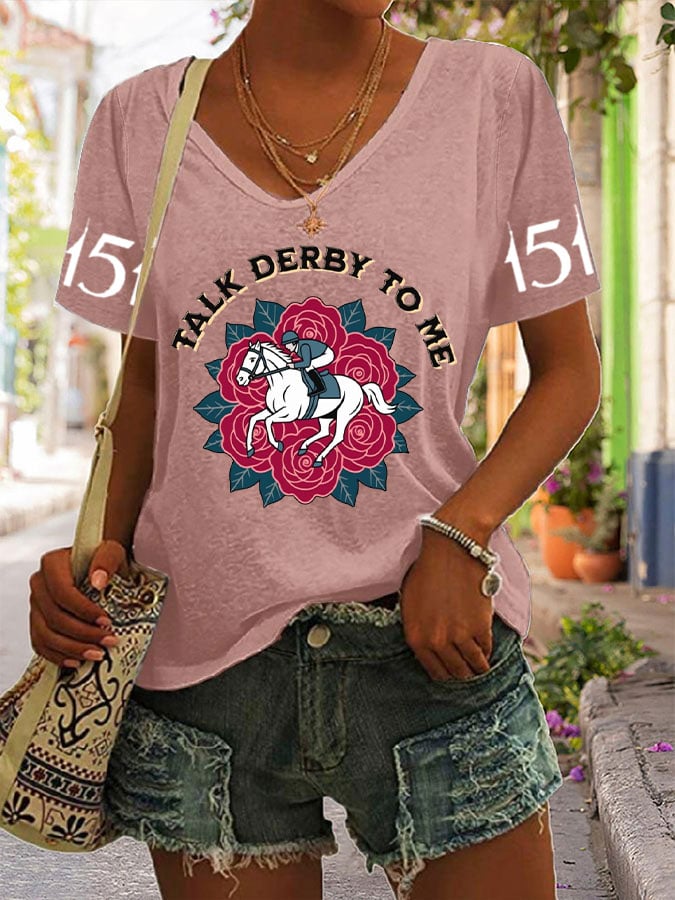 Women's Horse Racing Print V-Neck T-Shirt