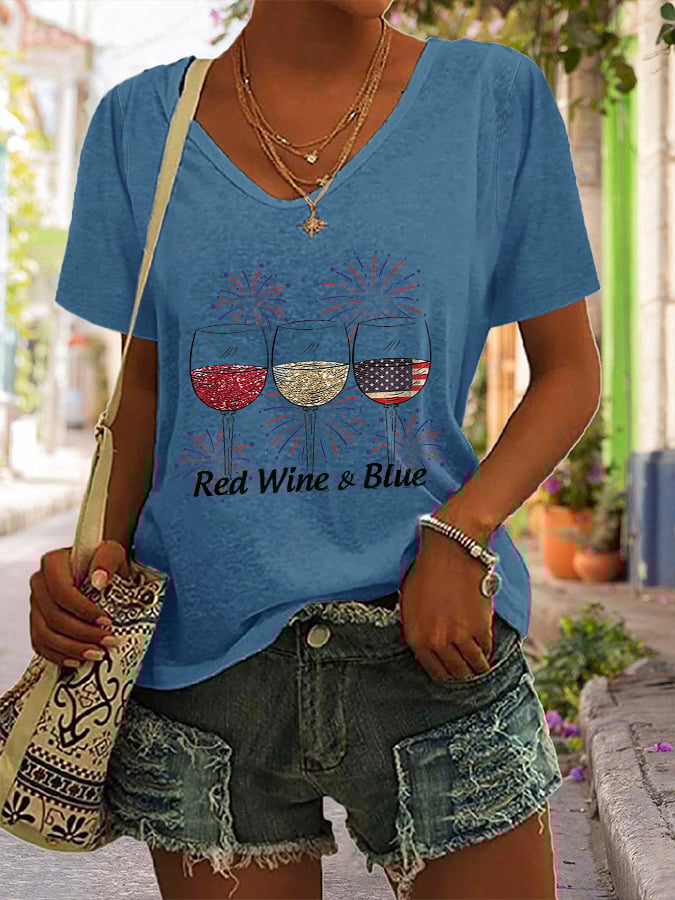 🔥Last Day 49% Off🔥Women's Red Wine and Blue Print T-shirt