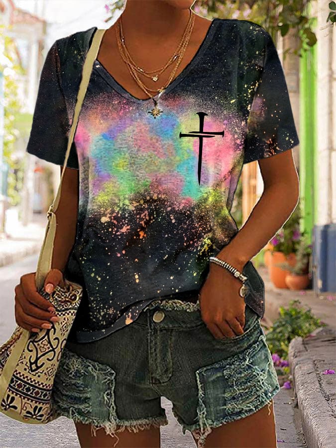 Women's Jesus Has My Back Tie-dye V-Neck T-Shirt