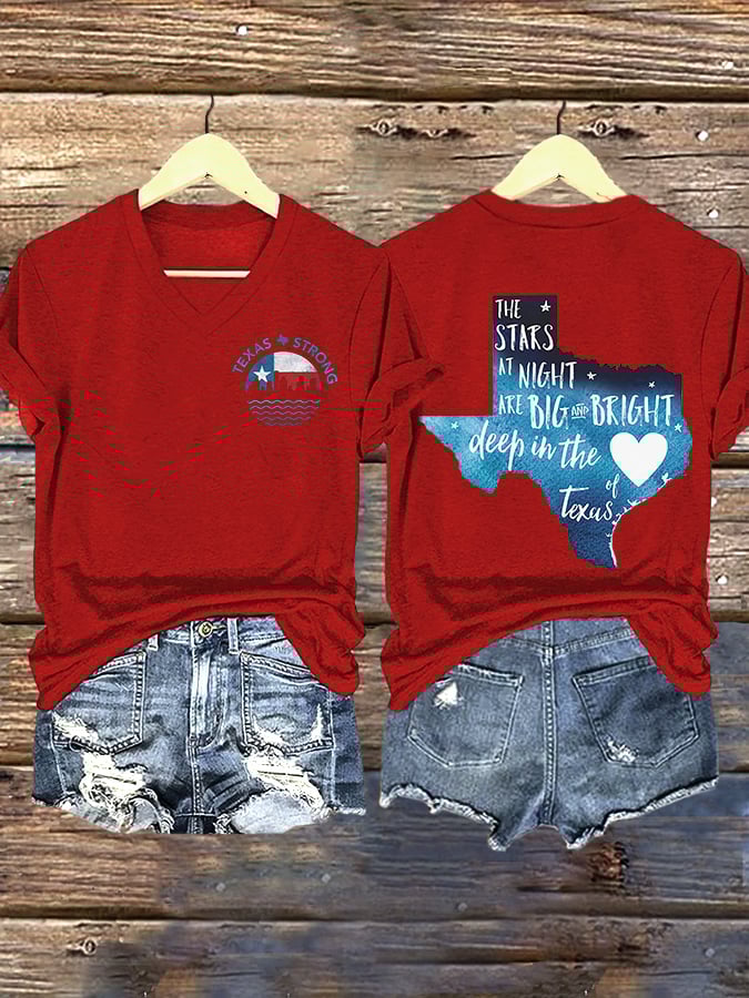 V-Neck Retro Texas Strong The Stars At Night Are Big And Bright Deep In The Heart Of Texas Print T-Shirt