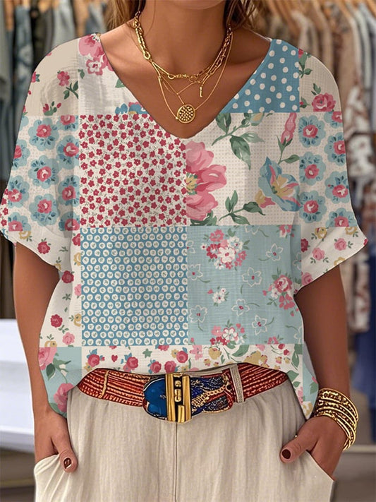 Women's Retro Botanical Floral Splicing Art Design Printed Casual V-Neck Top