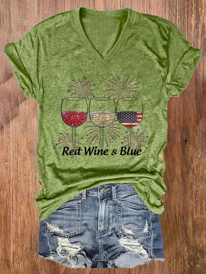 🔥Last Day 49% Off🔥Women's Red Wine and Blue Print T-shirt