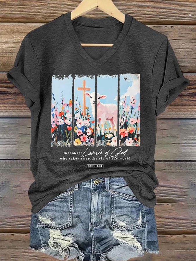 Women'S Casual Lamb of God Sublimation Bible Verse Print Short Sleeve T-Shirt