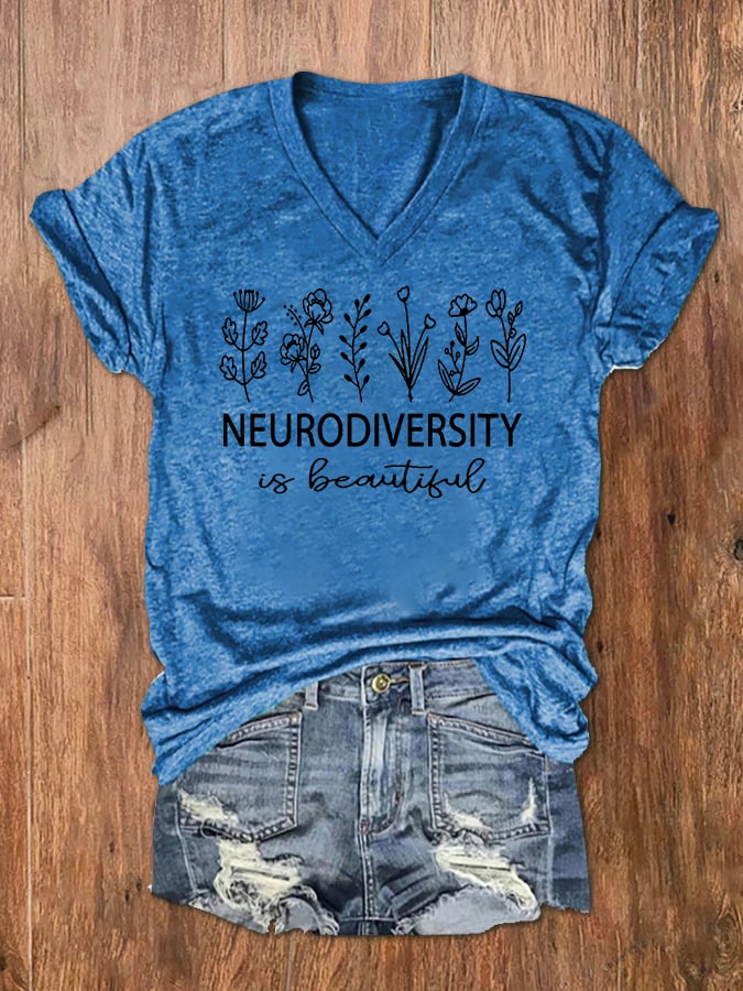 Women's Neurodiversity Autism Awareness Print V-Neck T-Shirt
