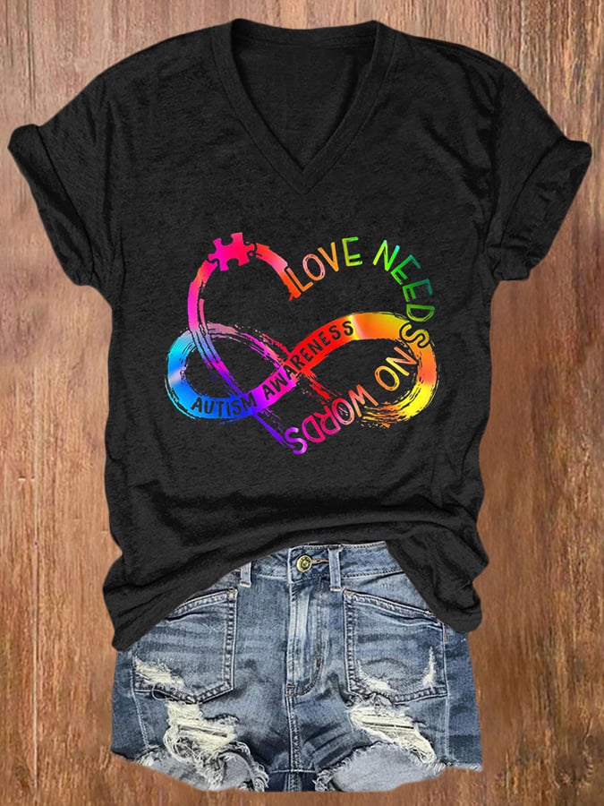 V-neck Retro Autism Awareness Infinity Puzzle Piece Heart Love Needs No Words Print T-Shirt