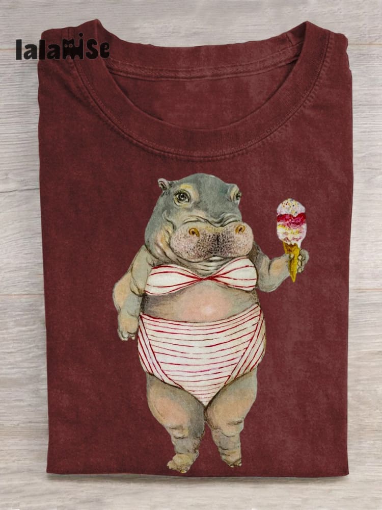 Funny Hippo Art Pattern Print Casual T-shirt