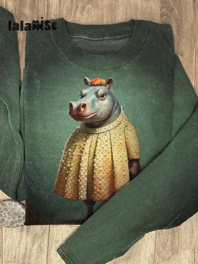 Funny Hippo Cute Lady Hippopotamus Art Pattern Print Casual T-shirt