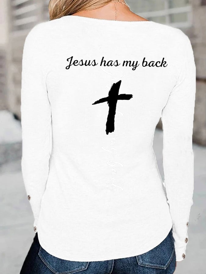 Women's Love Cross Walk By Faith Jesus Has My Back Print Button Top