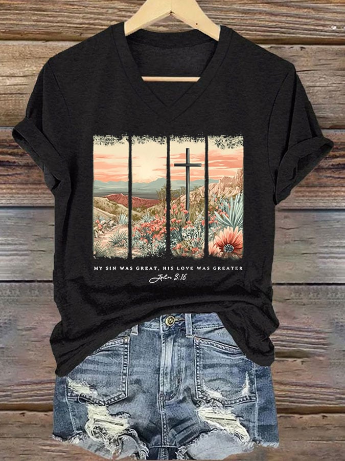 Women'S Casual My Sin Was Great His Love Was Greater Bible Verse Print Short Sleeve T-Shirt