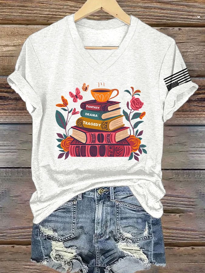 V-Neck Retro Fantasy Drama Tragedy Print T-Shirt